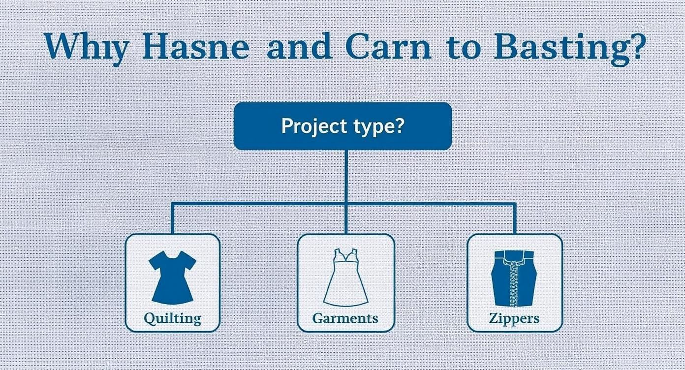 Infographic decision tree showing basting choices for quilting, garments, and zippers.