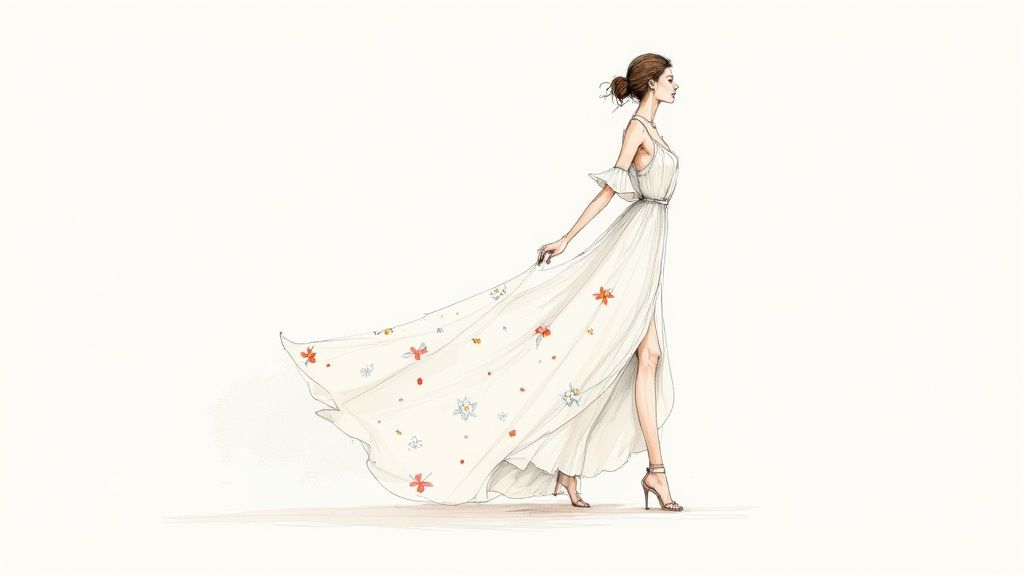 A woman wearing a stylish floral chiffon maxi dress, showcasing its flowing silhouette and vibrant print.
