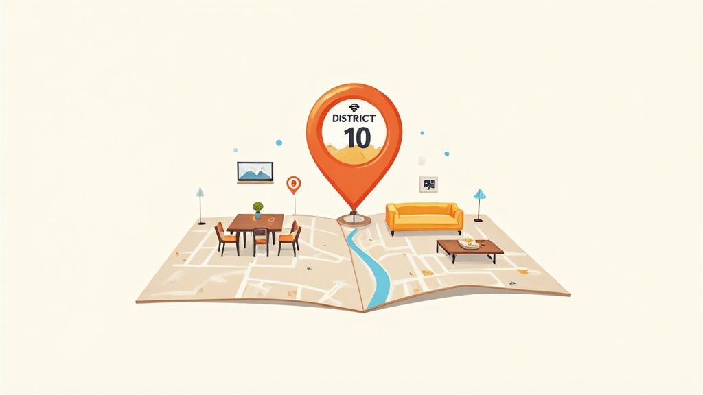 A bird's-eye view photograph of the Jenks 10 District, highlighting its modern architecture and central location.