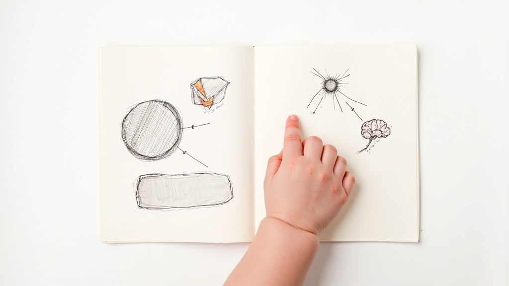 A baby's hands exploring the different textures on a Jellycat soft book laid open.