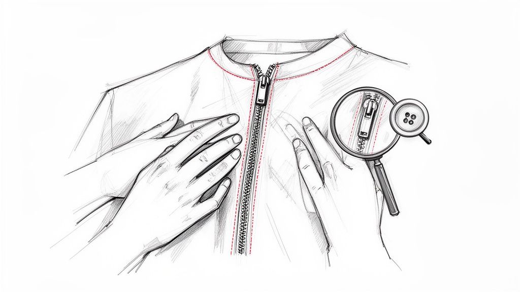Detailed sketch of a garment zipper with hands, a magnifying glass revealing a button detail.