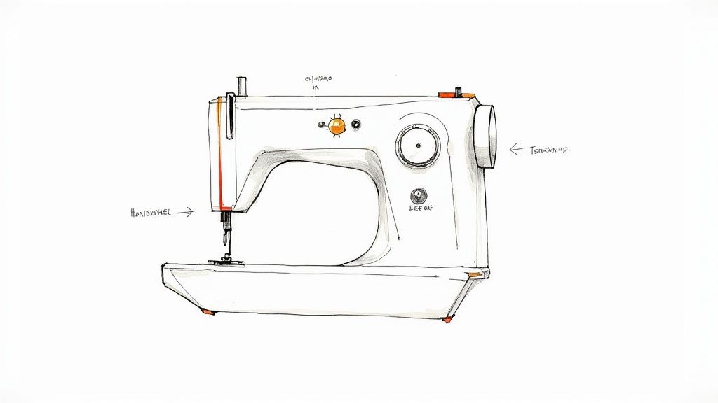 Labeled diagram of white mechanical sewing machine showing handwheel, tension, and feed dog components