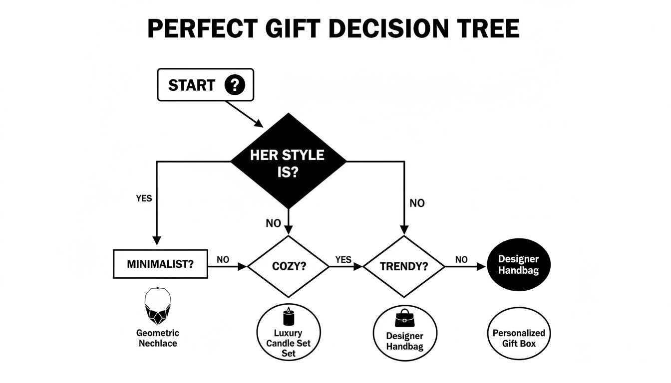 A perfect gift decision tree flowchart suggesting gifts based on her style: minimalist, cozy, or trendy.