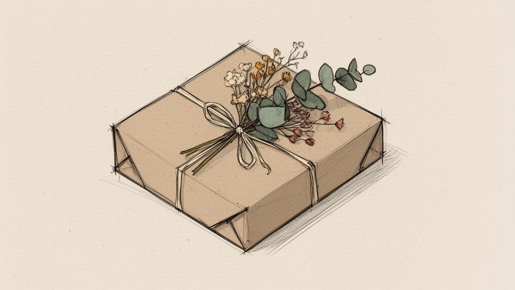 A sketched gift box wrapped in brown paper, tied with a white ribbon and adorned with a floral bouquet.
