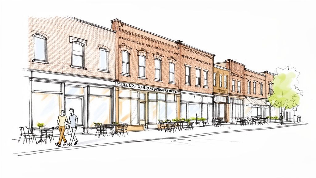 A colorful architectural sketch of a bustling main street with brick buildings, storefronts, and people walking.