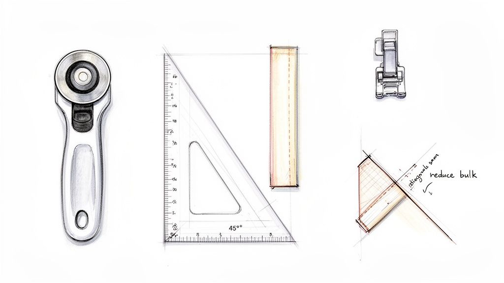 Technical sketches of sewing tools, drafting instruments, and a diagram illustrating bias seam bulk reduction.