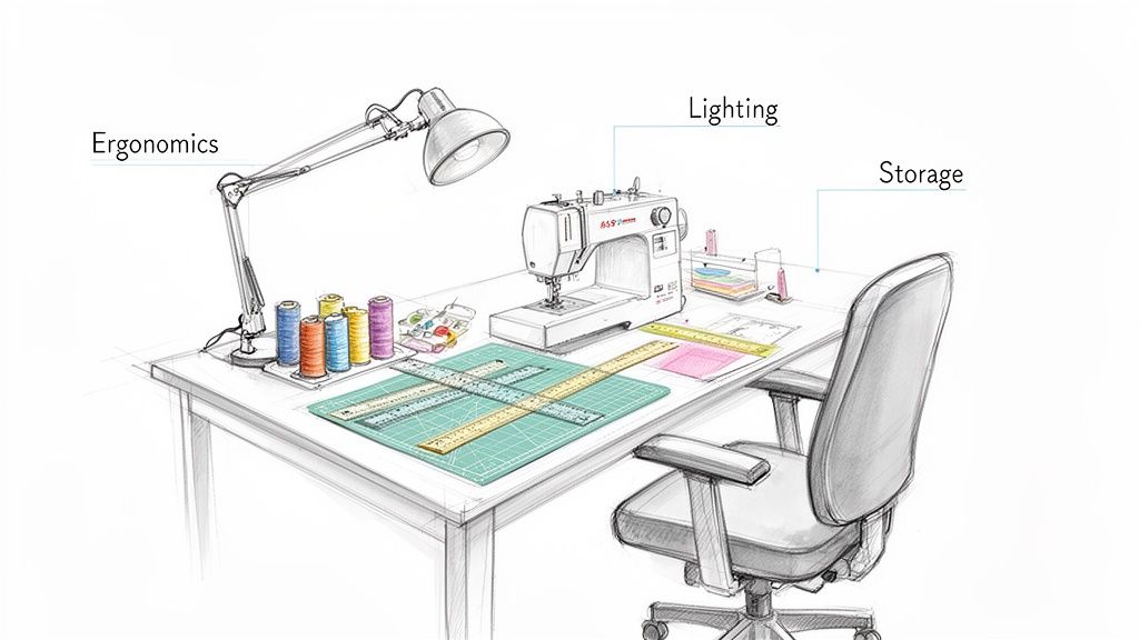 A detailed sketch of a sewing workstation featuring a sewing machine, ergonomic chair, desk lamp, and crafting supplies.