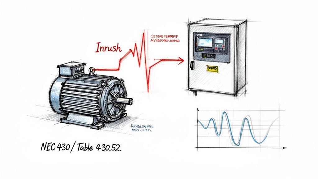 Technical drawing illustrating motor inrush current affecting an electrical panel, referencing NEC 430.