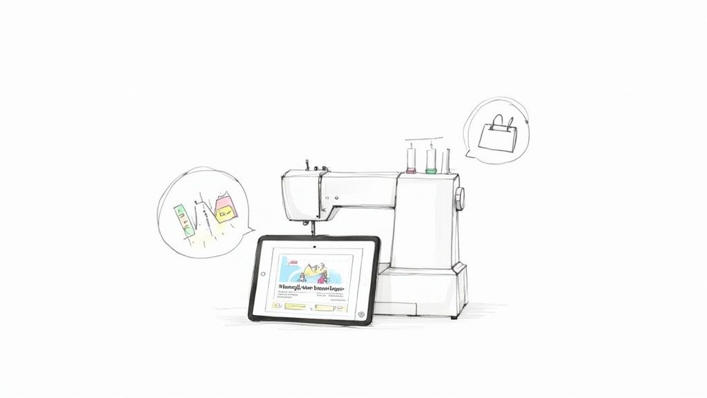 Illustration of a modern sewing machine connected to a tablet for creative design and shopping.