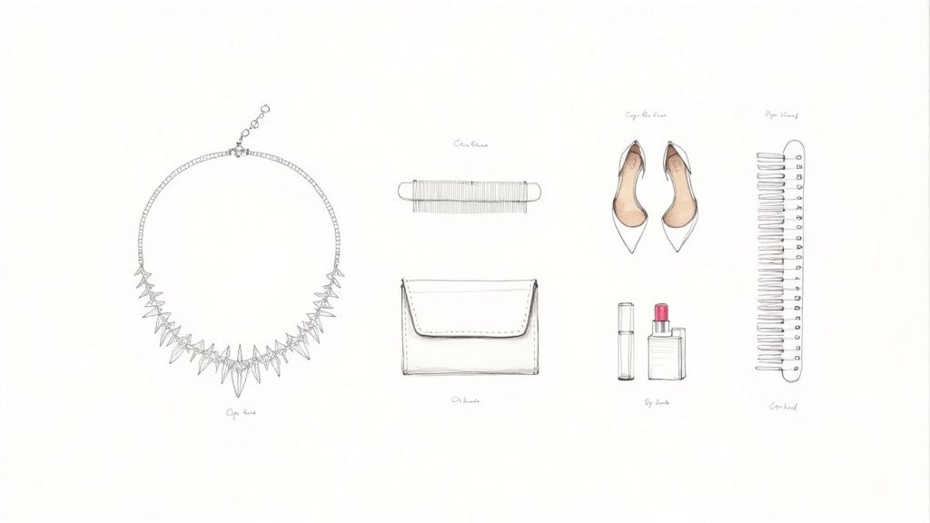 Fashion illustration of elegant accessories for a gala: necklace, heels, clutch, combs, and lipstick.