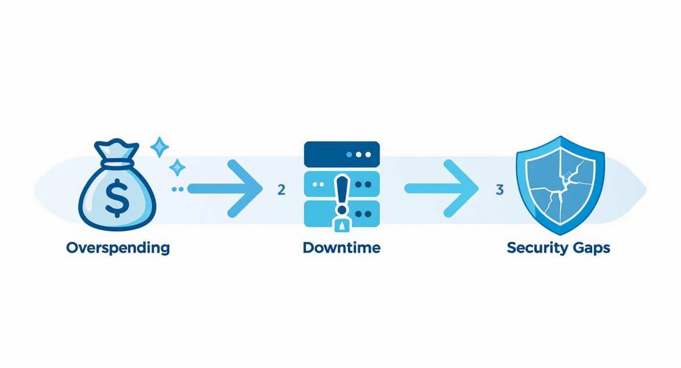 Infographic showing a process: overspending leads to downtime, which then leads to security gaps.