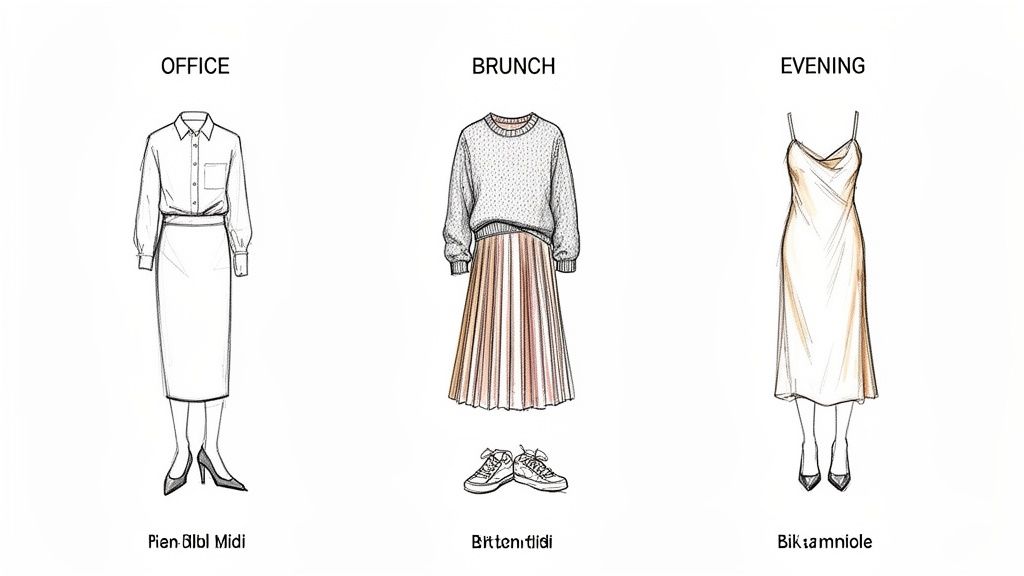 Three illustrated outfits featuring midi skirts for office, brunch, and evening occasions with different shoes.