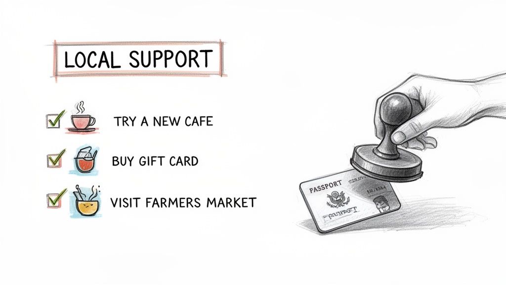 An illustration encourages local support with suggestions like trying new cafes, buying gift cards, and visiting farmers markets.