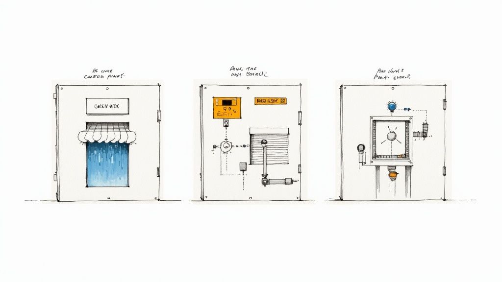 Three whimsical control panel illustrations depicting unique mechanisms and displays on a white background.
