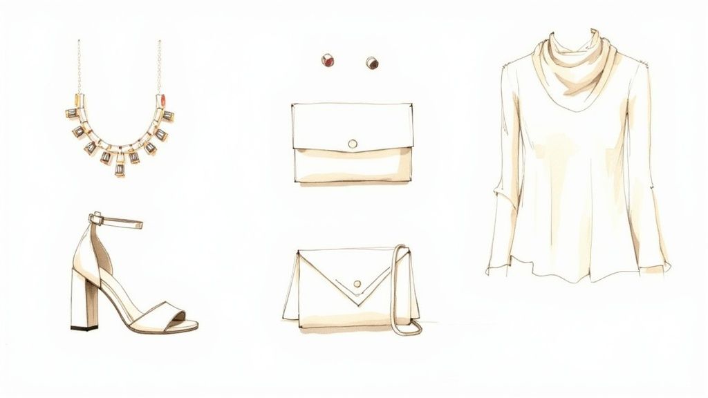 Watercolor illustration of women's fashion accessories: a necklace, earrings, two bags, high heels, and a flowing top.