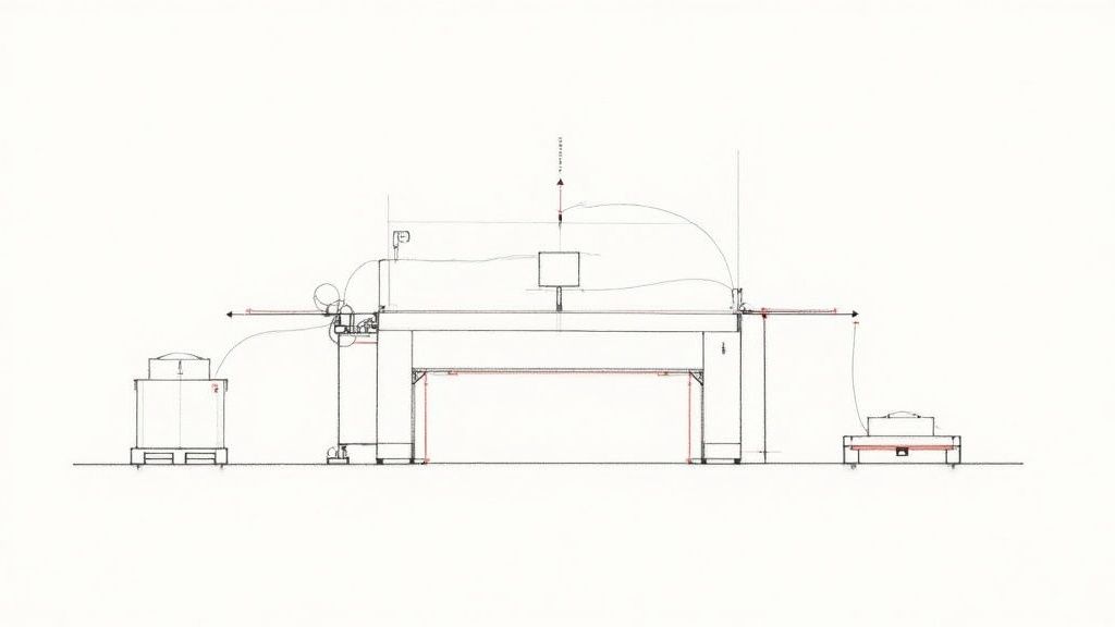 An elevation diagram illustrating a stretch hood wrapping machine with various functional components.