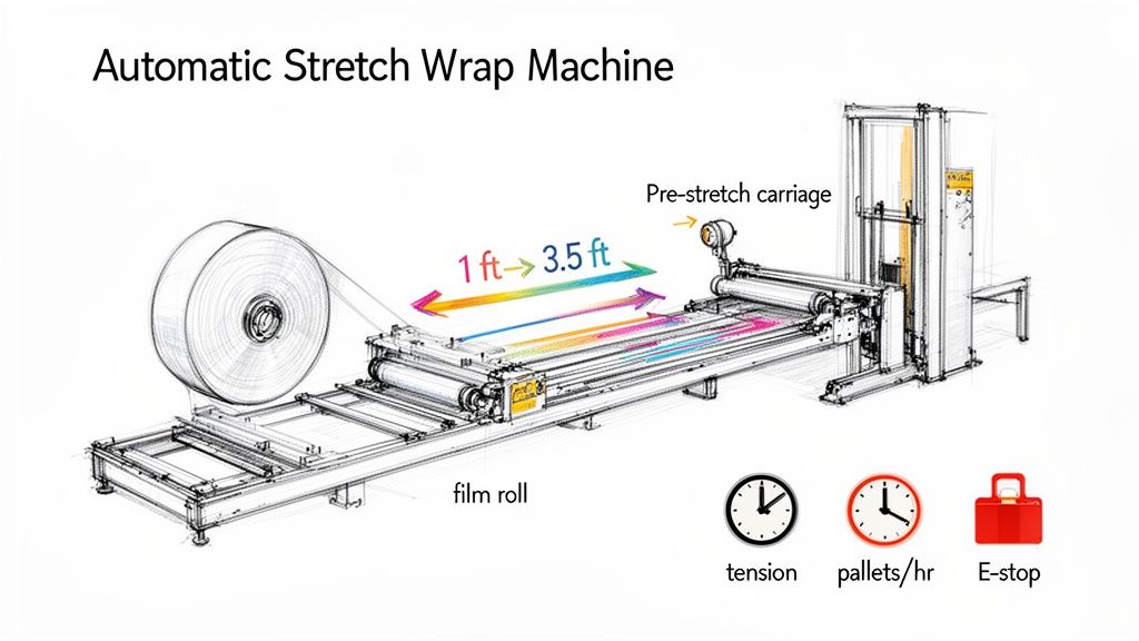 Diagram of an automatic stretch wrap machine showing a film roll, pre-stretch carriage, and key features.