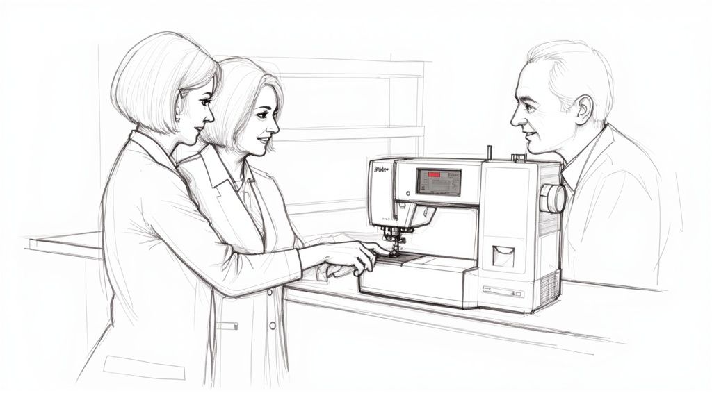 An overhead view of a sewing machine on a wooden table, with fabric, scissors, and thread arranged neatly around it.