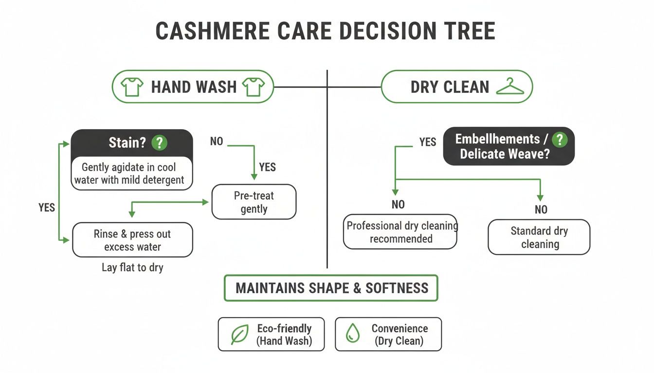 A decision tree flowchart outlining cashmere care options: hand wash or dry clean based on garment condition.