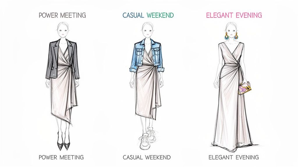 Illustration of one wrap dress styled in three ways: business, casual, and elegant evening.