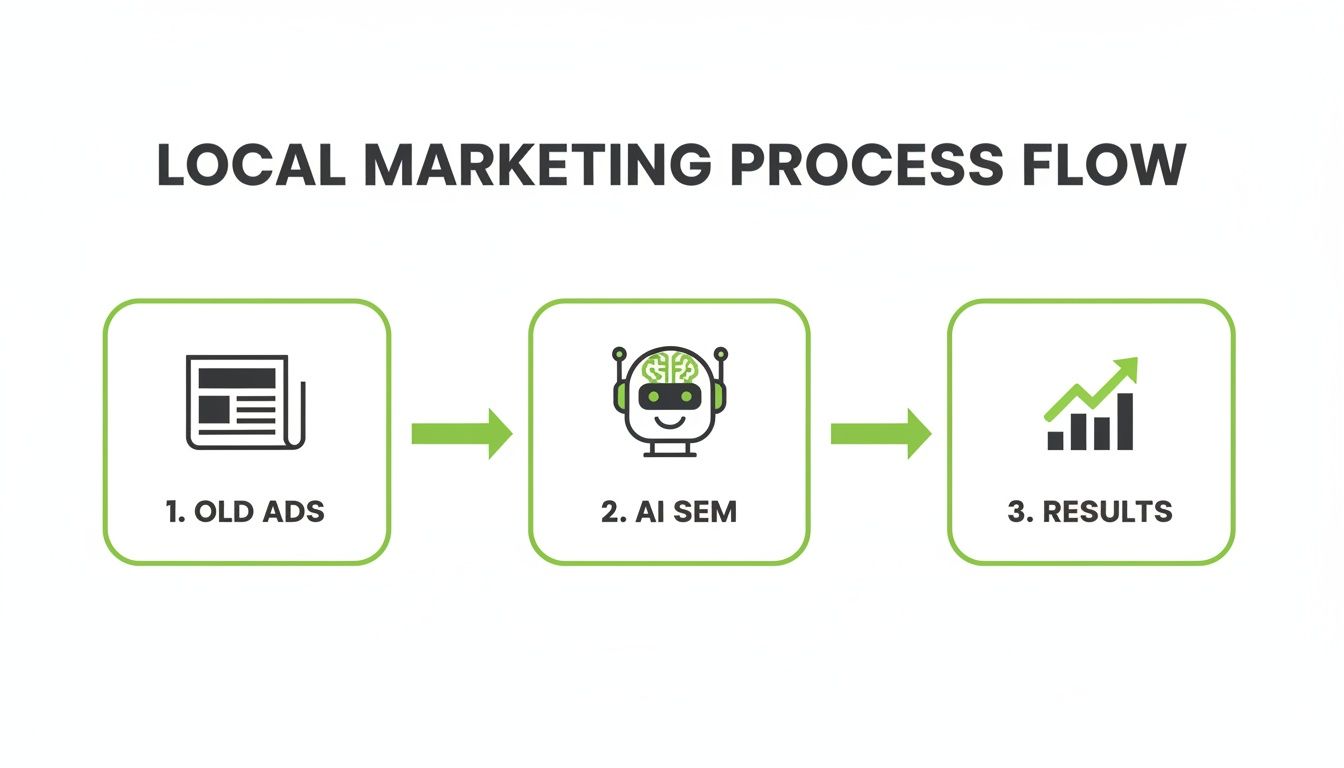 Flowchart illustrating a local marketing process from old ads to AI SEM and results.