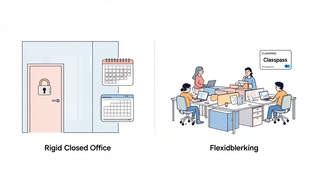 A comparison showing a rigid, closed office with a locked door versus a flexible, open workspace with people collaborating.