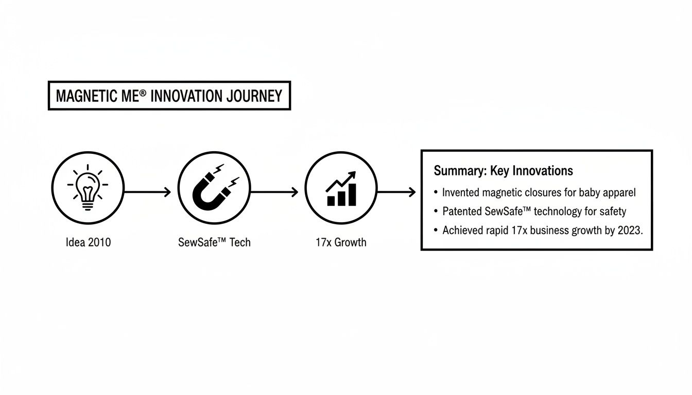 MAGNETIC ME innovation journey flowchart showing idea, technology, growth, and key innovations for baby apparel.