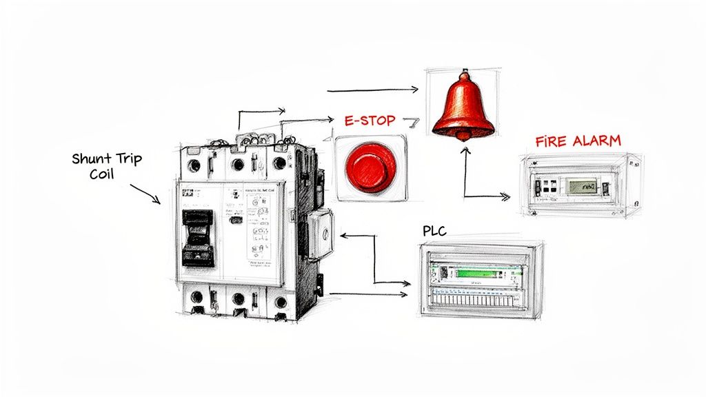 A diagram illustrates a shunt trip coil connected to an E-STOP button, a bell, a fire alarm system, and a PLC.