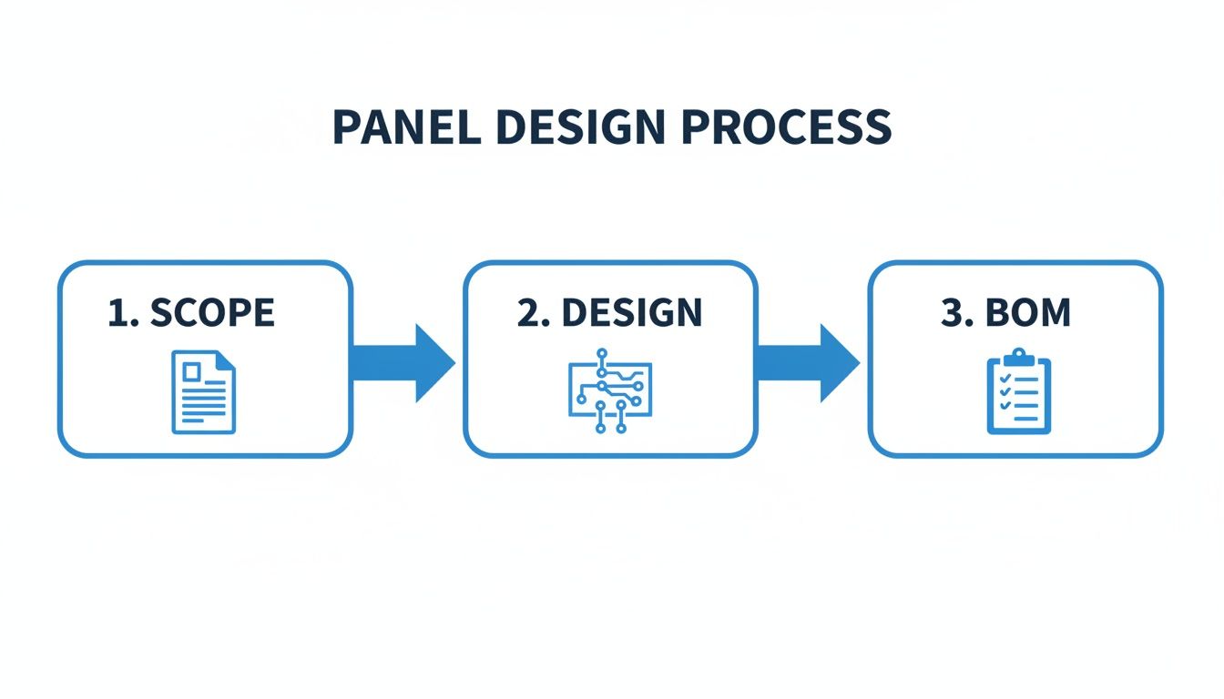 A three-step diagram outlining the panel design process: Scope, Design, and BOM (Bill of Materials).