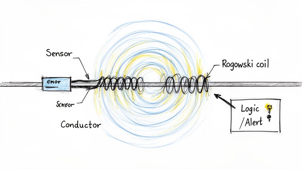 A diagram shows a Rogowski coil detecting a fault current on a conductor, connected to a sensor and logic alert system.