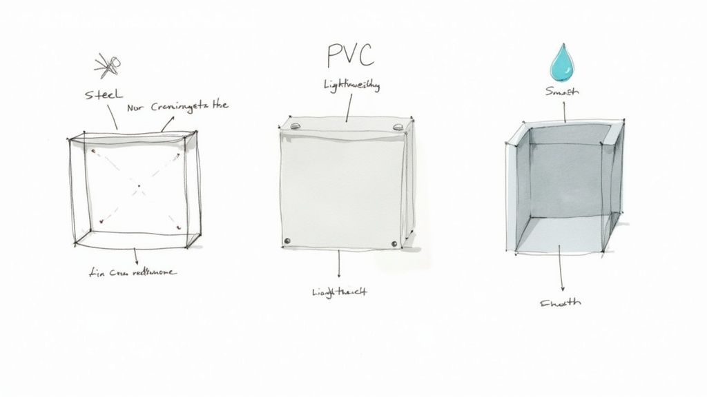 Hand-drawn sketches comparing steel, PVC, and a collapsed box, illustrating different box types.