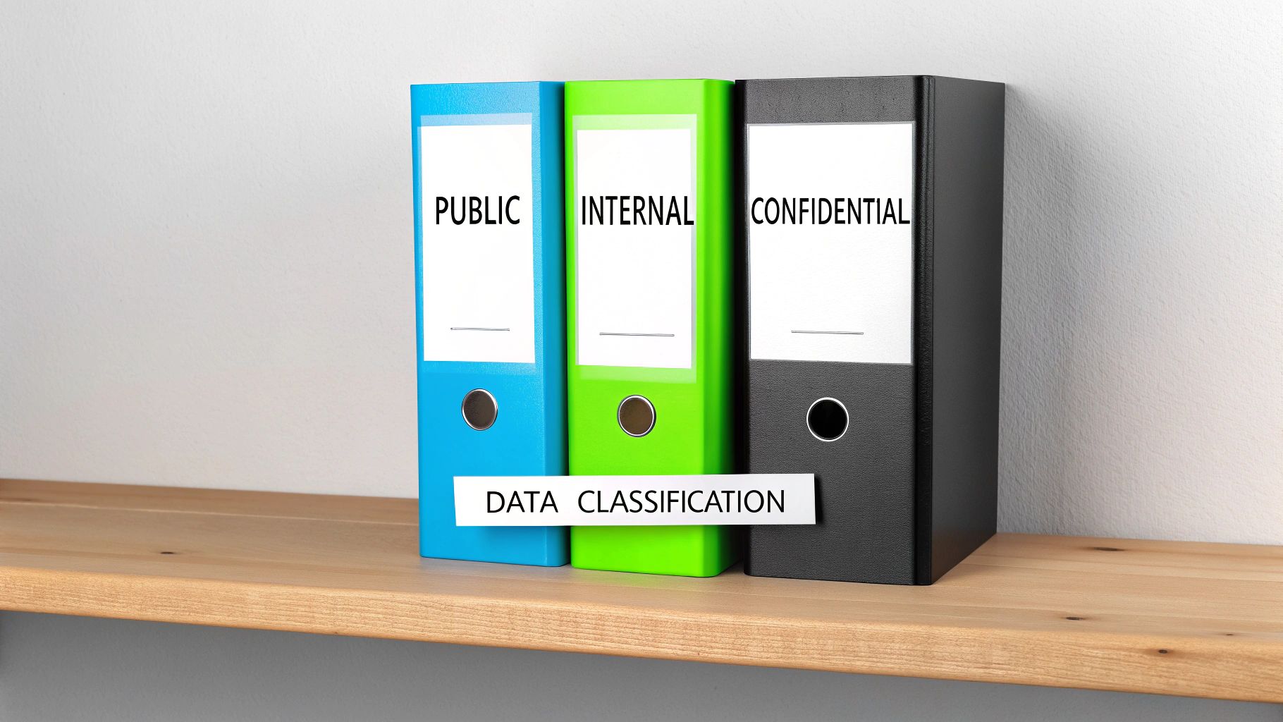 Three binders on a wooden shelf, labeled Public, Internal, and Confidential, representing data classification.
