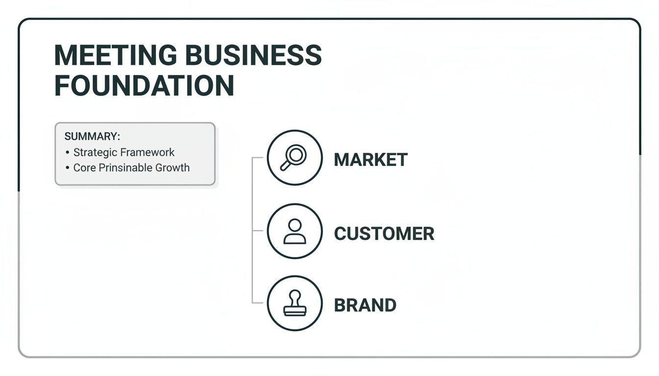A business presentation slide outlining the 'Meeting Business Foundation' with strategic framework, market, customer, and brand elements.