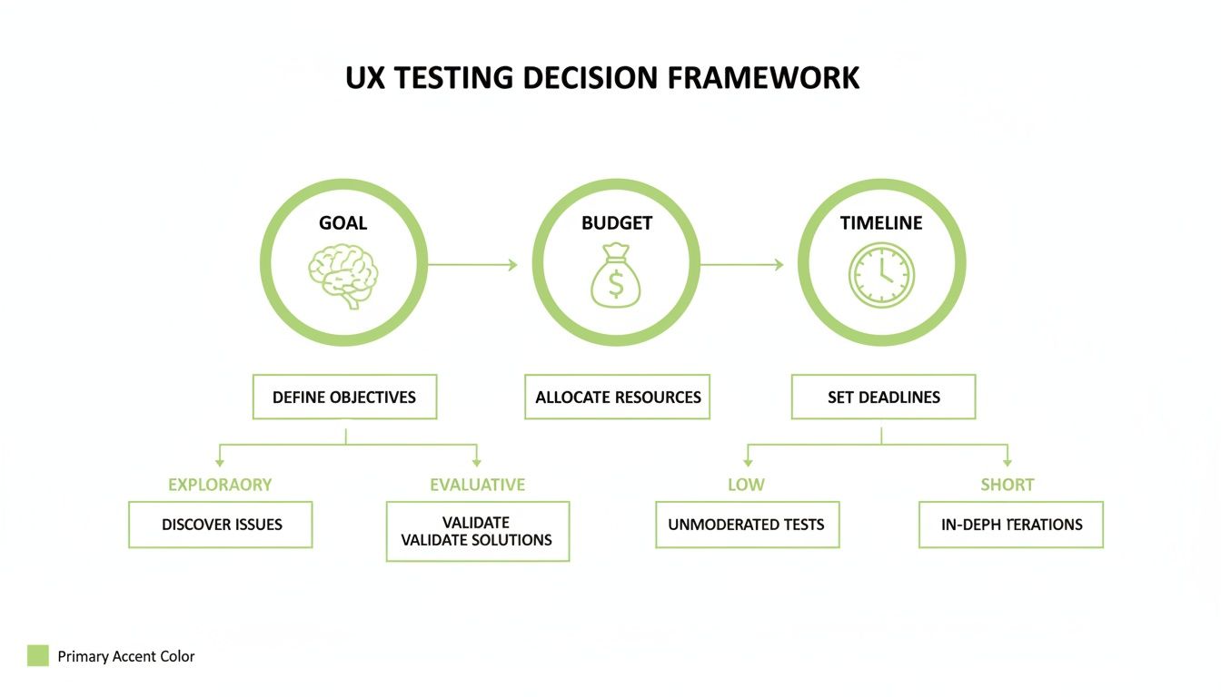 UX Testing Decision Framework diagram outlining steps for goals, budget, and timeline decisions.