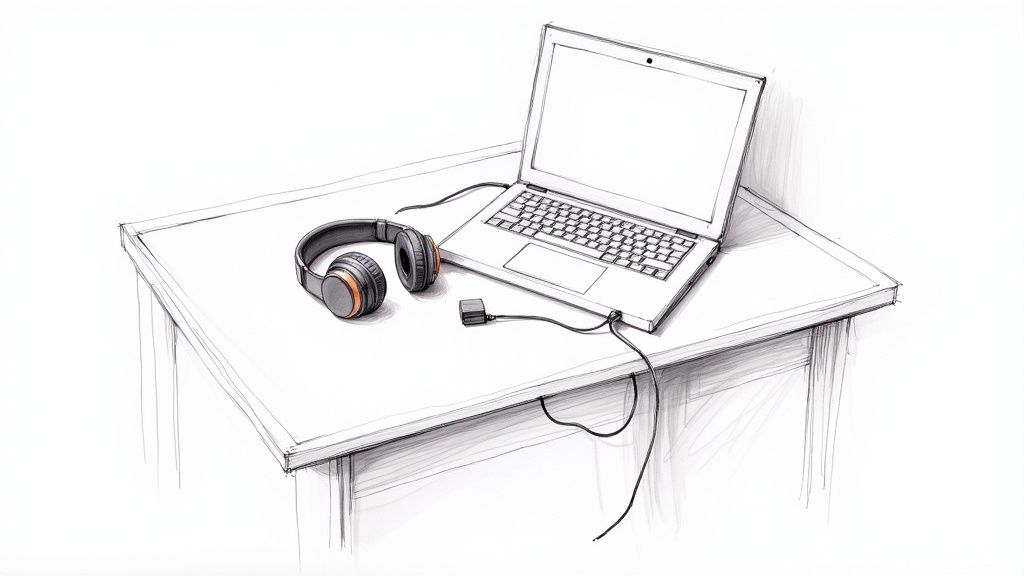 A student using a laptop with headphones on, looking focused at a desk.