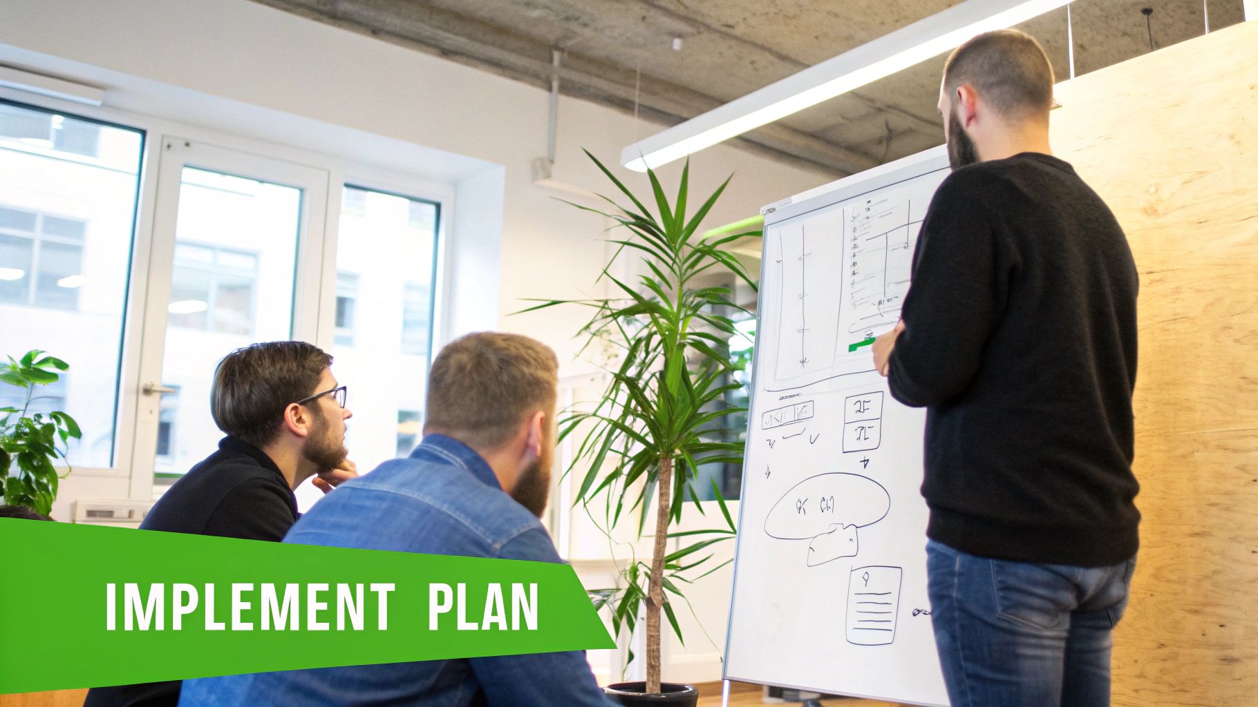 Three male colleagues discussing and implementing a plan from a whiteboard in a modern office.