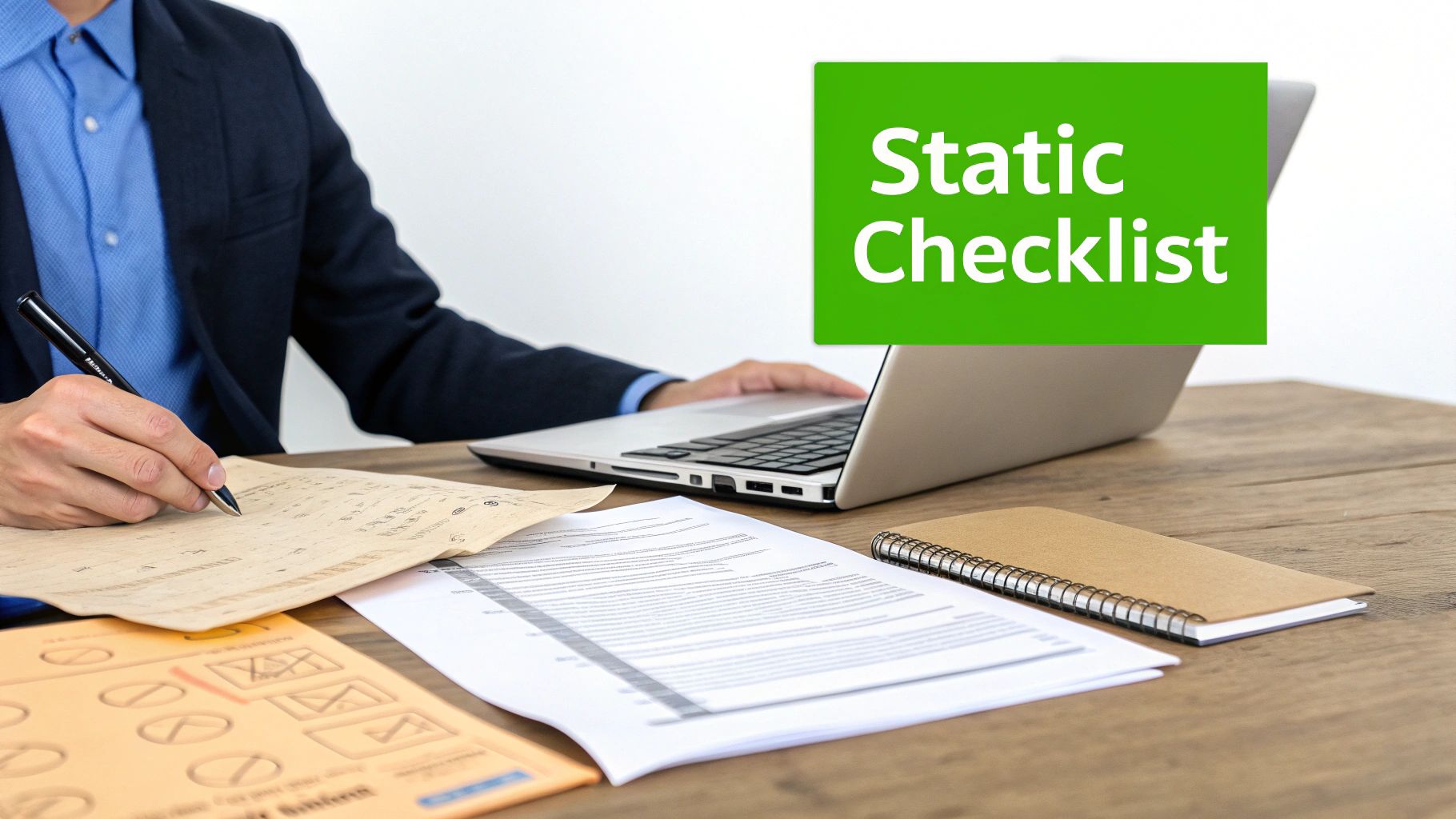 A professional reviewing a compliance risk assessment template on a tablet in an office setting.