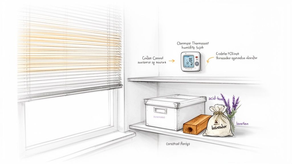 A sketch of a home corner with blinds, a digital thermostat, a storage box, and lavender.