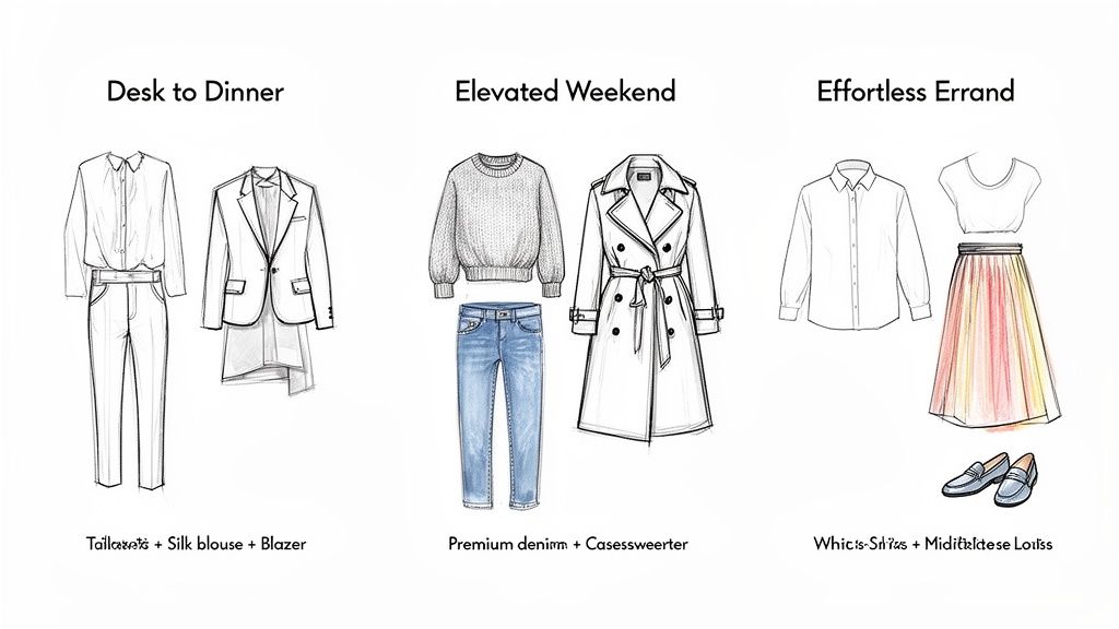 Three women's fashion categories: Desk to Dinner, Elevated Weekend, and Effortless Errand, with clothing illustrations.
