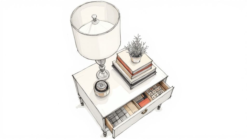 White accent table with drawer open showing organized compartments, lamp and books on top