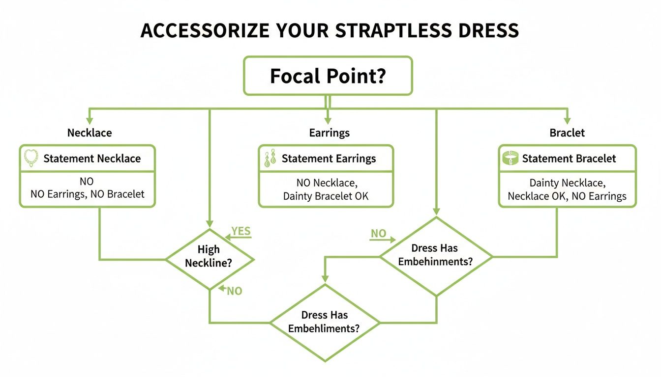 Flowchart outlining how to accessorize a strapless dress with necklaces, earrings, and bracelets based on focal points.
