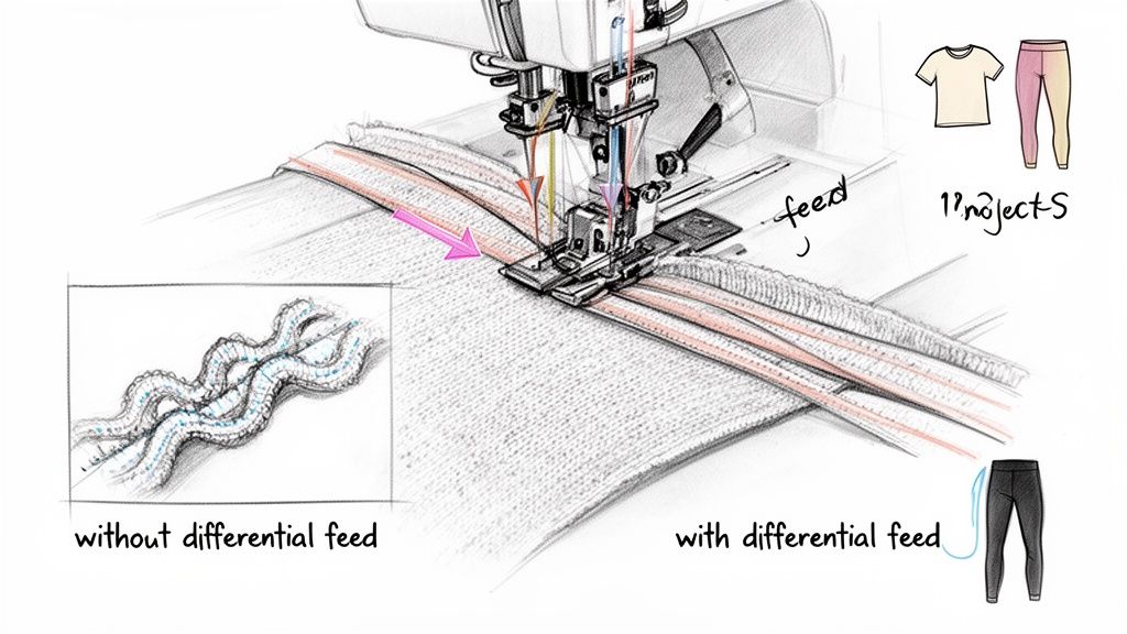 Illustration showing a serger machine stitching knit fabric, demonstrating differential feed for smooth seams versus wavy.