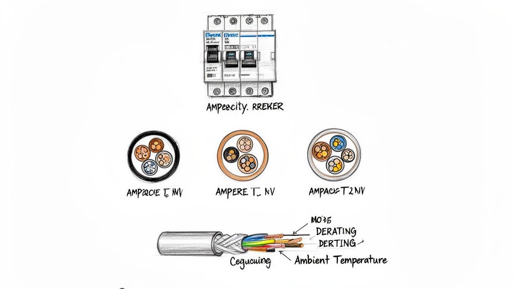 Illustration showing a circuit breaker, various electrical cables, and factors like derating influencing cable ampacity.