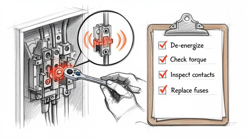 A hand uses a wrench to tighten a hot electrical fuse disconnector switch, next to a maintenance checklist.
