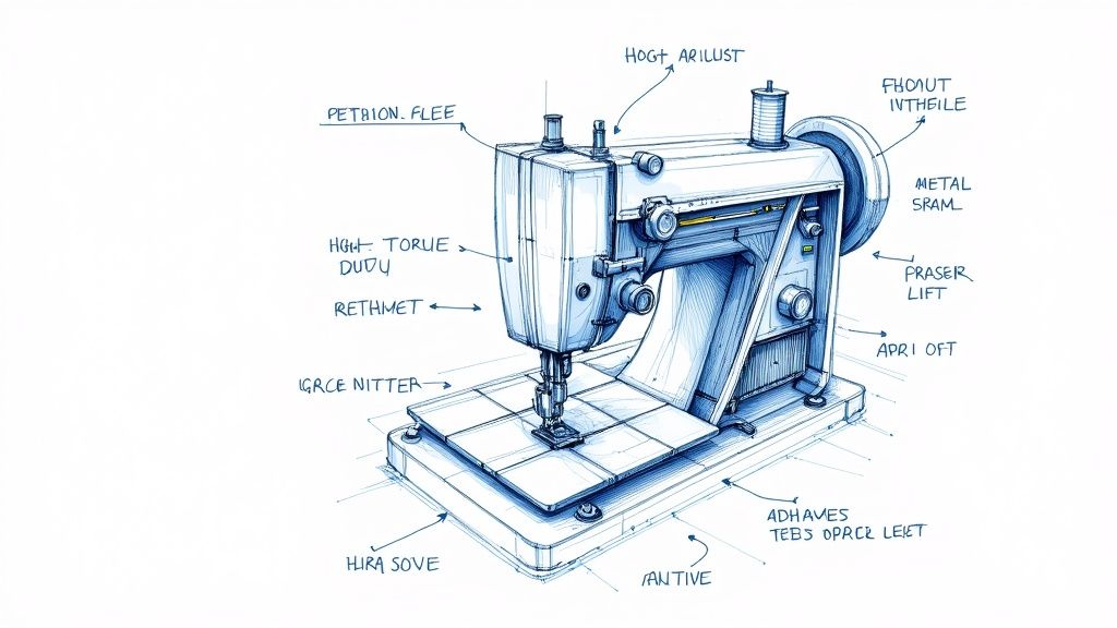 A detailed blue-ink sketch of a sewing machine with various parts labeled by hand.