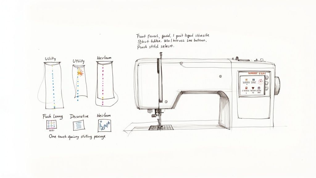 A close-up shot of the Singer One Plus sewing machine's LCD screen and stitch selection buttons, showcasing its user-friendly interface.