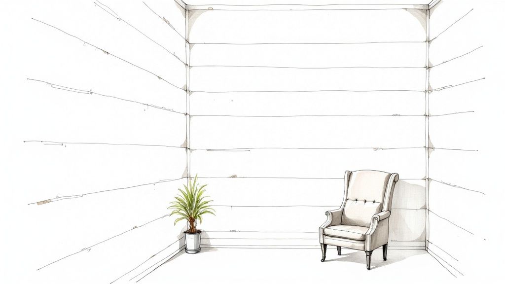 A minimalist sketch of a white room featuring a potted plant and a classic beige armchair.