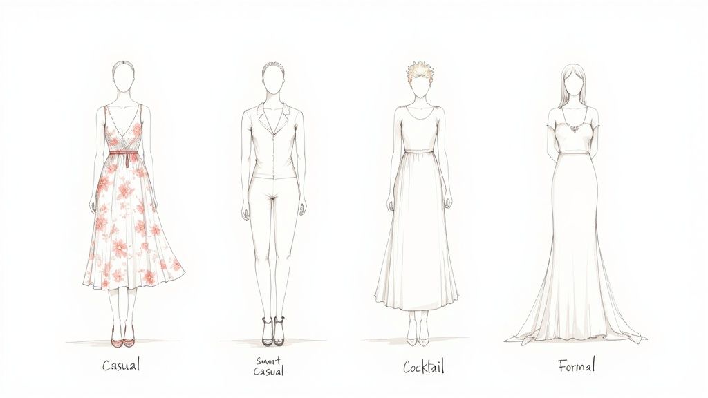 Four women illustrate different wedding rehearsal dinner dress codes: casual, smart casual, cocktail, and formal attire.