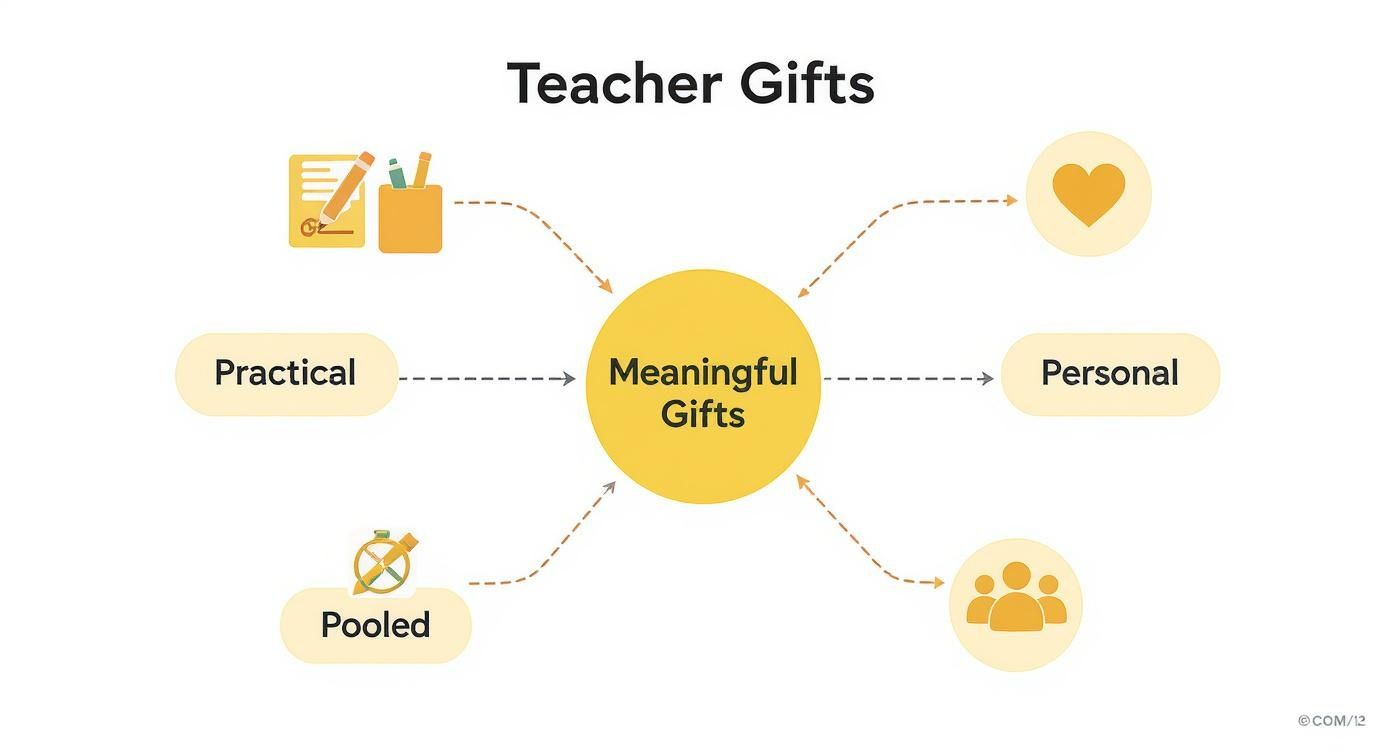A diagram illustrating meaningful teacher gift ideas, categorized into practical, personal, and pooled options.