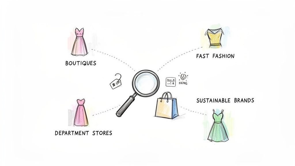 Illustration showing a magnifying glass surrounded by different fashion shopping options like boutiques and sustainable brands.